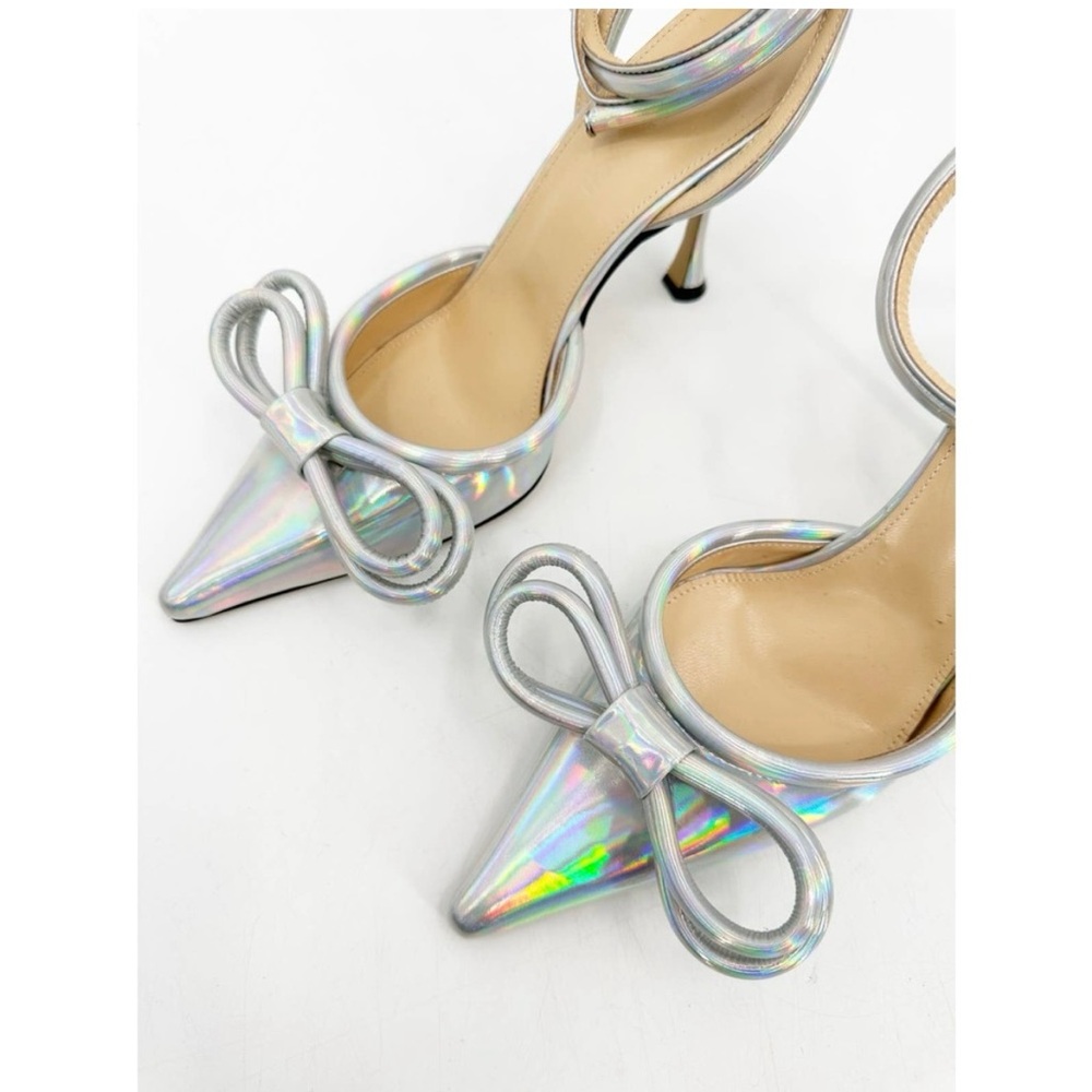 Mach & Mach Silver Iridescent Heels Toe Double Bow Ankle Wrap Straps 38.5
